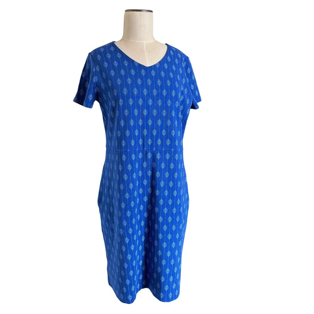 Duluth Trading NoGA Blue Geometric Print V-Neck Midi Dress Boho Casual Womens M